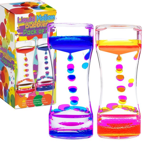 YUE MOTION Liquid Motion Bubbler Visual Sensory Toys, 2 Minute Liquid Timer– New Big Calming Sensory Bubbler Toy- Colorful Liquid Hourhlass for Stocking Stuffers, Easter Basket Stuffers(Pack of 2)