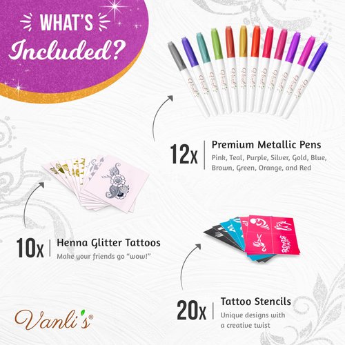 Vanli’s Temporary Tattoo Markers – Body Markers For Adults & Teens – 10 Waterproof Fake Tattoos And 30 Tattoo Stencil Paper Included – Body Art Markers For Skin. 12 Pack