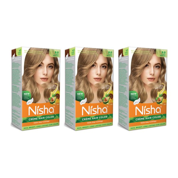Nisha Creme Permanent Hair Color 100 percent Gray Coverage Hair Dye Easy to Apply Long Lasting Hair Colouring For Ultra Soft Deep Shine Conditioning With Natural Herbs Pack of 3 (Light Blonde)