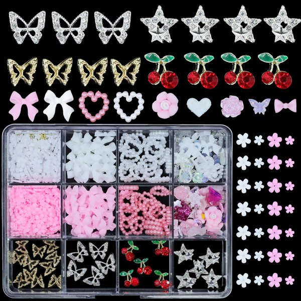 3D Butterfly Cherry Star Nail Gems Charms Assorted Pink White Bows Heart Flower Butterfly Variety Nail Charms Butterfly Star Cherry Nail Rhinestones Charms for Manicure DIY Craft Accessories
