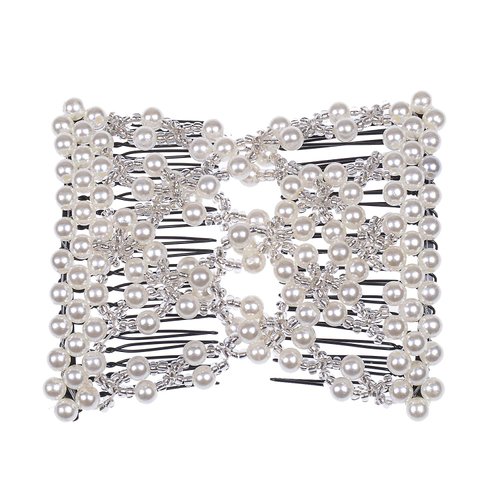 Ruihfas Delicate Women Girls Easy Stretch Pearls Combs Beaded Hair Comb Jewelry Double Clips (White)