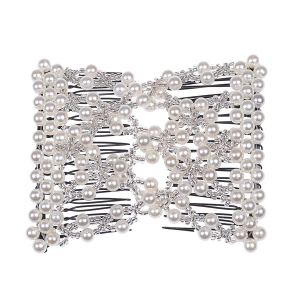 Ruihfas Delicate Women Girls Easy Stretch Pearls Combs Beaded Hair Comb Jewelry Double Clips (White)