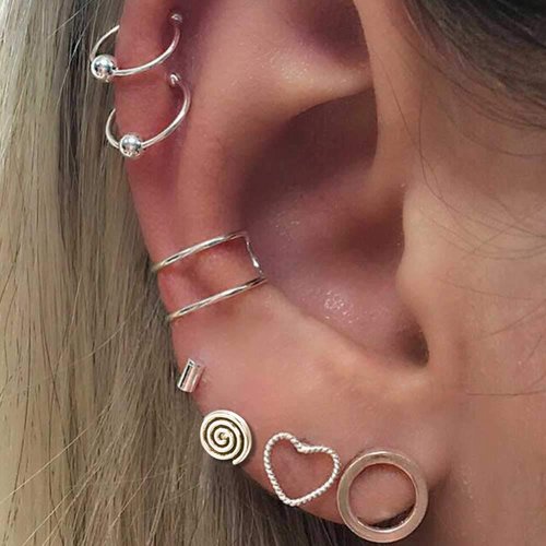 Missgrace 7 Pair Silver Earrings Set Vintage Earring Set Bohemian Earrings Stud Earrings Silver Punk Chain Earrings Set for Women and Girls (Style 8)