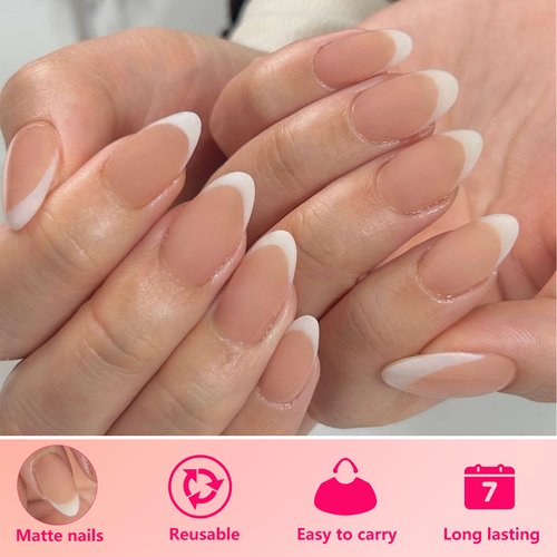 AddFavor French Tip Press on Nails Short Almond Fake Nails, 240pcs White French Nails Press on Almond Matte Pink Acrylic Nails with Adhesive Tabs for Women