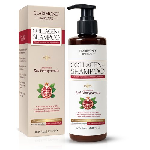 CLARIMOND Collagen+ Shampoo | Vit. D/E/B5/B6 | Red Pomegranate's collagen-boosting compounds | Hair Loss Treatment | UV protection | Hydrating & Strengthening Formula | For All Hair Types | 8.45 fl oz
