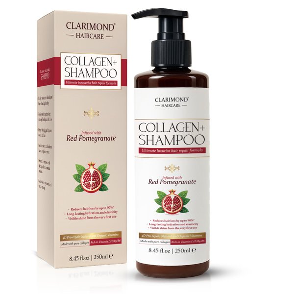 CLARIMOND Collagen+ Shampoo | Vit. D/E/B5/B6 | Red Pomegranate's collagen-boosting compounds | Hair Loss Treatment | UV protection | Hydrating & Strengthening Formula | For All Hair Types | 8.45 fl oz