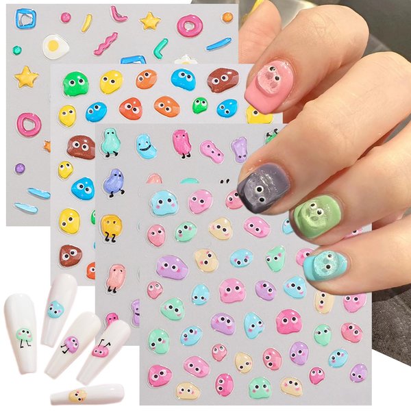 Cute Nail Art Stickers Decals 5D Jelly Beans Nail Decals Embossed Fondant Gum Nail Art Supplies Colorful Line Letter Fried Eggs Design Nail Stickers Self-Adhesive Water Drop Star Nail Art Decals 4PCS