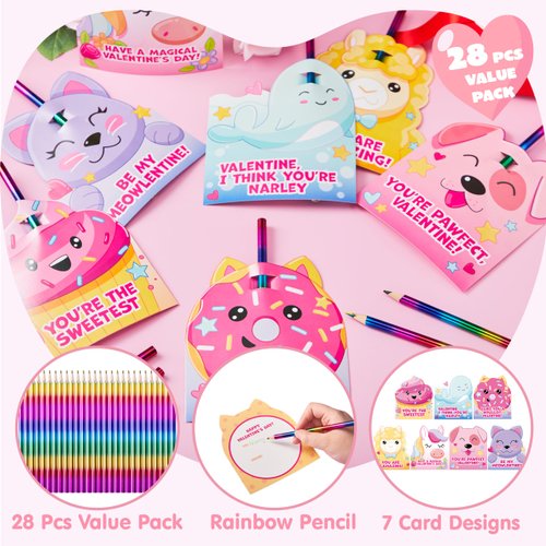 JOYIN 28 Packs Valentines Rainbow Pencil with Cards for Kids Party Favors, Classroom Prize Supplies, Valentines Greeting Cards including Colorful Pencils