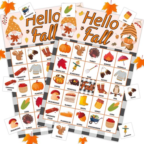 JUESMOS Fall Game Gnome Bingo Game Cards 24 Players Fall Bingo Game for Adults Autumn Harvest Fall Festival Party Games for School Classroom Family Activities Thanksgiving Party Favors Supplies