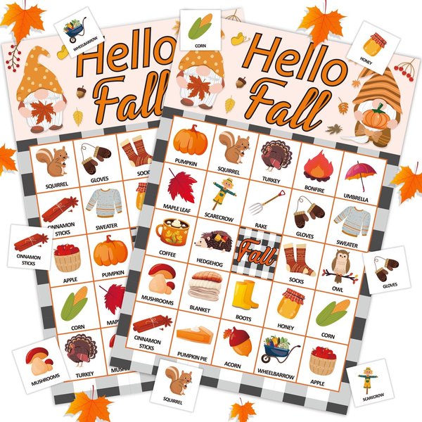 JUESMOS Fall Game Gnome Bingo Game Cards 24 Players Fall Bingo Game for Adults Autumn Harvest Fall Festival Party Games for School Classroom Family Activities Thanksgiving Party Favors Supplies