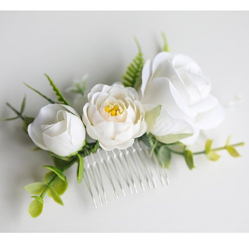 Fangsen Wedding Boho White Rose Buds Flower Hair Clips Floral Comb With Hair Piece and Hair Vines for Brides and Bridesmaids Silver