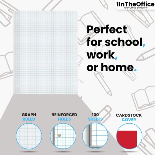 1InTheOffice Graph Paper Loose Leaf, Graph Ruled Filler Paper, 8.5 x 11, 100 Sheets, White, 2 Pack