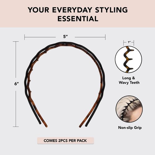 Kitsch Zig Zag Headbands - Recycled Plastic Hair Band for Men & Women | Classic 90s Headband & Hairband | Mens Headband | Wavy Headband with Teeth | Hair Headbands, 2pc (Black&Tort)