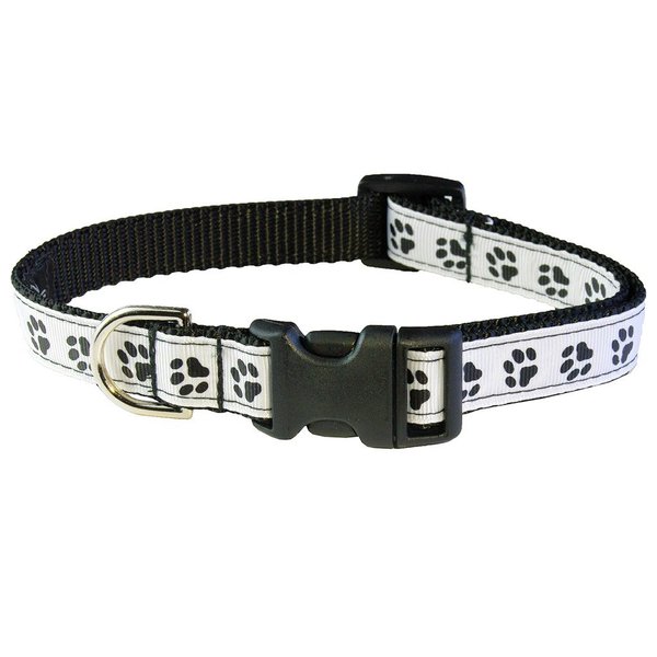 Small Black/Wht. Puppy Paws Dog Collar: 5/8" wide, Adjusts 10-14" - Made in USA.