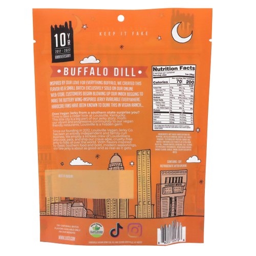 Louisville Vegan Jerky - Buffalo Dill, Vegetarian & Vegan-Friendly Jerky, 21 Grams of Non-GMO Soy Protein, 210 Calories Per Bag, Gluten-Free Ingredients (3 oz, 5-Pack)