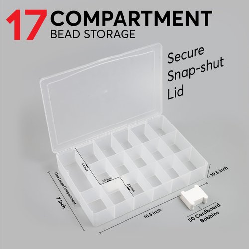 BULK PARADISE Pack of 2 Embroidery Floss Organizer Box with 50 Cardboard Bobbins - 17 Compartments Clear S Organizer Storage Case, 10.25” x 7” x 1.75” – Snap-Tight Bead Holder, (Made in USA)