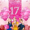 Pink 17th Birthday Decorations for Girls Boys Pink Happy 17th Birthday Door Cover Banner & 18Pcs Happy 17th Birthday Balloons Decorations for Hot Pink 17th Birthday Anniversary Party Supplies
