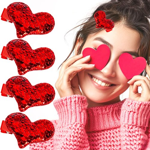 Red Heart Hair Clip Valentines Love Glitter Sequin Heart Shape Hair Barrettes Glitter Hair Clip for Girls Women Valentines Hair Accessories for Party Wedding Gift