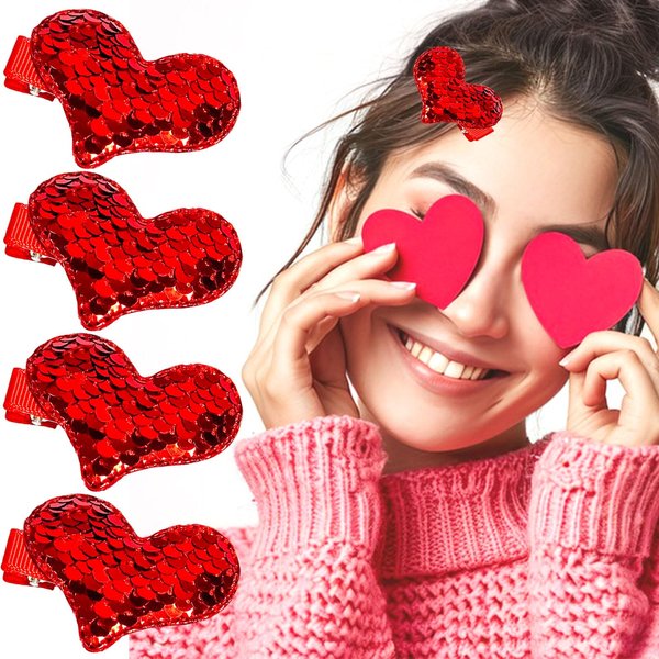 Red Heart Hair Clip Valentines Love Glitter Sequin Heart Shape Hair Barrettes Glitter Hair Clip for Girls Women Valentines Hair Accessories for Party Wedding Gift