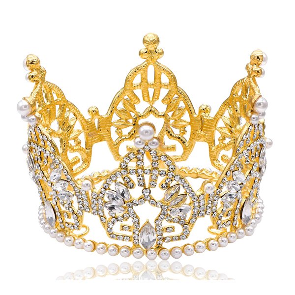 Mini Bun Tiara Hair Crown Faux Pearl Austrian Rhinestone Cake Topper M2313G Gold (Gold Color)