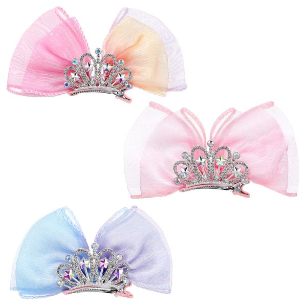 3Pack Bow Hair Clips, Crown Hair Barrettes, Cute Rhinestones Princess Bows Metal Side Hair Clips Sparkly Birthday Hair Styling Accessories