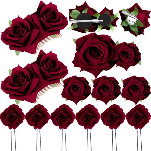 Waydress 12 Pieces Rose Flower Hair Clip Rose Bridal Hair Pins Rose Brooch Wedding Hair Accessories for Women Party Flamenco Dancer