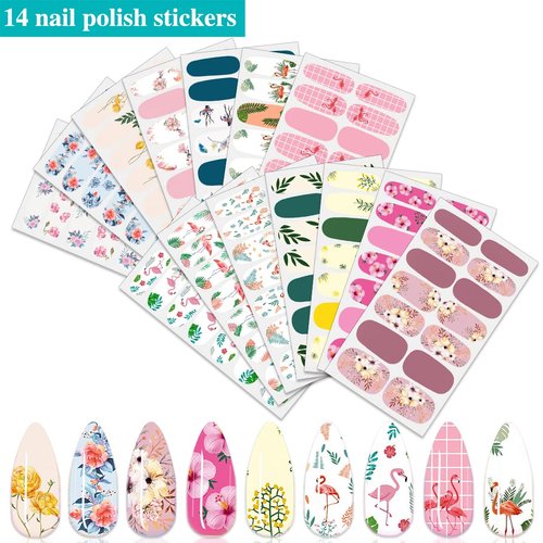 XEAOHESY 196 Pieces 14 Sheets Spring Nail Wraps Flower Nail Polish Strips Stickers Self-Adhesive Flamingo Leaf Nail Strips Gel Nail Stickers for Nails Full Nail Wraps for Women with Nail File