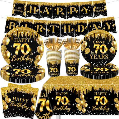 70th Birthday Decorations Tableware Set, 142Pcs Black and Gold Cheers to 70 Years 1954 Birthday Party Supplies Plates Napkins Cups Banner Tablecloth for Men Women Happy 70th Birthday Decorations