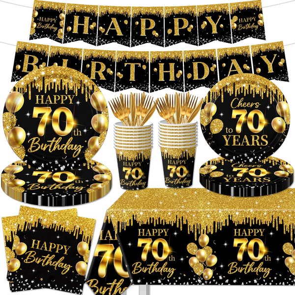 70th Birthday Decorations Tableware Set, 142Pcs Black and Gold Cheers to 70 Years 1954 Birthday Party Supplies Plates Napkins Cups Banner Tablecloth for Men Women Happy 70th Birthday Decorations