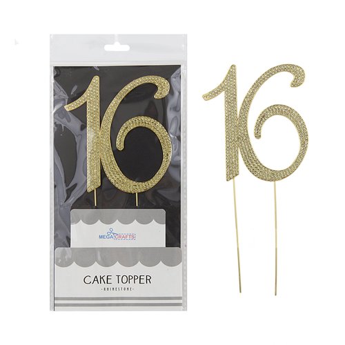 Mega Crafts Sparkly Gold Rhinestone Number 16 Cake Topper Decoration | Shimmering Gold Crystals & Durable Alloy Metal | For Birthdays, Anniversaries, Centerpieces, Party Favors, Celebrations & More