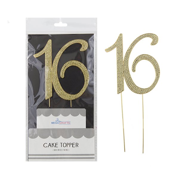 Mega Crafts Sparkly Gold Rhinestone Number 16 Cake Topper Decoration | Shimmering Gold Crystals & Durable Alloy Metal | For Birthdays, Anniversaries, Centerpieces, Party Favors, Celebrations & More