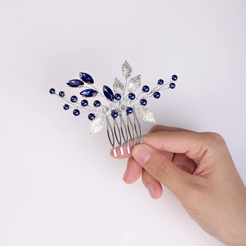 YERTTER Wedding Crystal Leaf Bridal Hair Comb Clip Pearl Wedding Hair Accessories for Bride Bridesmaid Flower Girls (Blue)