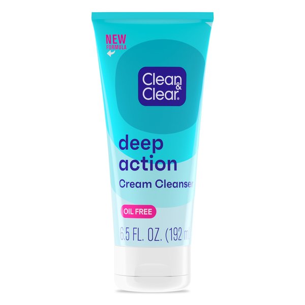 Clean & Clear Oil-Free Deep Action Cream Facial Cleanser, Cooling Daily Face Wash for Deep Pore Cleansing of Acne-Prone Skin, 6.5 oz (Pack of 2)