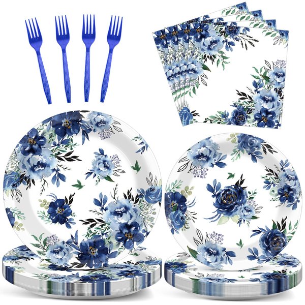 Wiooffen 96 Pcs Peony Party Supplies Set Blue Flower Paper Plates Peony Theme Party Plates Summer Holiday Wedding Baby Shower Birthday Plates and Napkins Navy Paper Plates Napkins Forks for 24 Guests