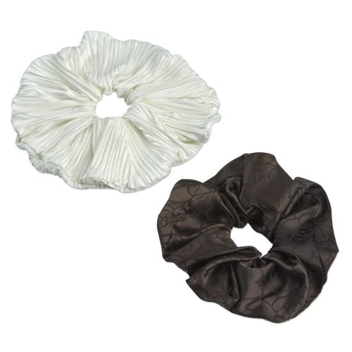 The Original Scrunchie® Jumbo XL Fashion Oversized Fabulous Fabric Gift Box Includes 2 Unique Designs: White Pleated Satin & Luxury Black Jacquard in Acrylic Presentation Box