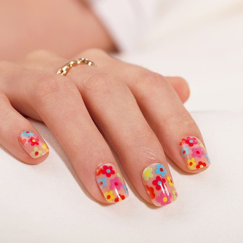 Short Press on Nails Square MABKJLF Fake Nails Full Cover False Nails with Color Flower Designs Glossy False Nails with Nail Glue Nail Accessories Artificial Acrylic Nails for Women Girls 24 Pcs