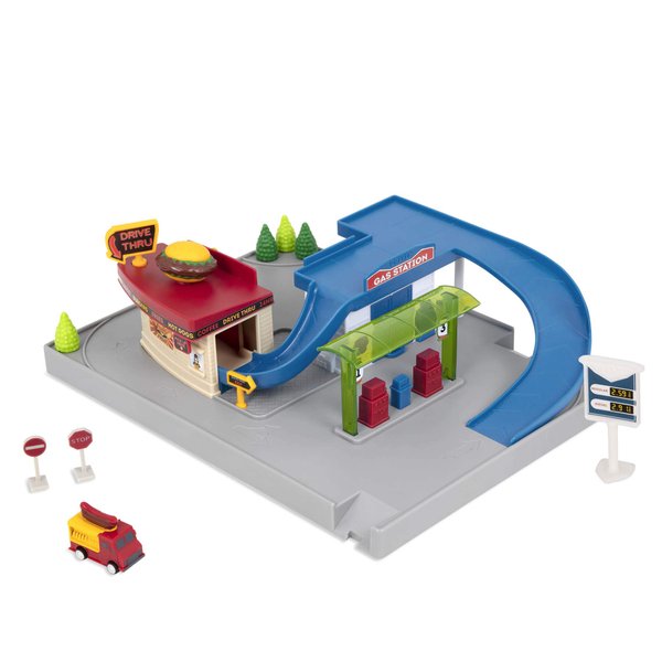 Driven by Battat – Gas Station & Drive-Thru Restaurant Playset – Toy Car Accessories for Kids – 5-Piece Set with Toy Food Truck – Toy Car Playset – 3 Years + – Pocket Dine & Drive Pit Stop (5pc)
