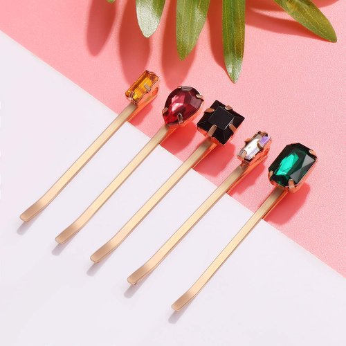 Lurrose 5pcs Colorful Crystal Hair Pins Gold Vintage Decorative Bobby Pins for Women (Mixed Style)