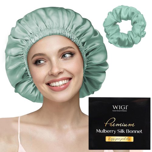 WIGI 100% Mulberry Silk Bonnet with Scrunchie Gift for Women, Silk Bonnet for Sleeping, Shower Cap Hair Bonnet, Silk Hair Wrap for Hair Care (100% Mulberry Silk (Round design), Green)