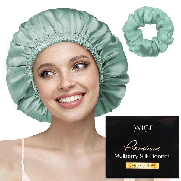 WIGI 100% Mulberry Silk Bonnet with Scrunchie Gift for Women, Silk Bonnet for Sleeping, Shower Cap Hair Bonnet, Silk Hair Wrap for Hair Care (100% Mulberry Silk (Round design), Green)