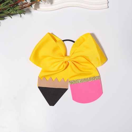 2Pcs Back to School Hair Ties Cute Pencil Hair Bow Ties Yellow Pencil Scrunchies Cheer Hair Bows with Ponytail Holder School Sports Hair Accessories for Teens Toddler Gifts for First Day of School