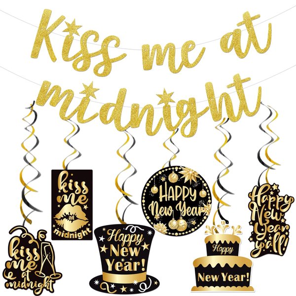 Gold Glitter Kiss Me At Midnight Banner with Hanging Swirl for Happy New Year Decorations 2025 New Years Eve Party Supplies 2025 New Years Eve Banner