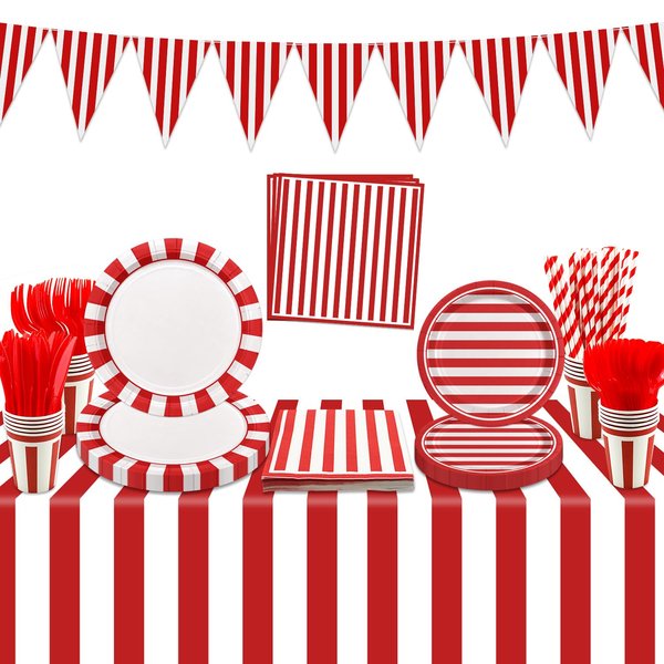 Carnival Circus Party Supplies, Red and White Strips Party Decorations, Includes Napkins, Cups, Plates, Knives, Forks, Spoons, Carnival Tablecloth, Flag, for Birthday, Carnival, Baby Shower,
