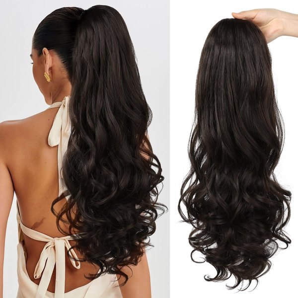 Ponytail Extension, Behufun Long Wavy Drawstring Ponytail 26" Clip in Hair Extensions Ponytail Fake Pony Tails Hair Extensions Natural Soft Heat Resistant Synthetic Hairpiece for Women Black Brown