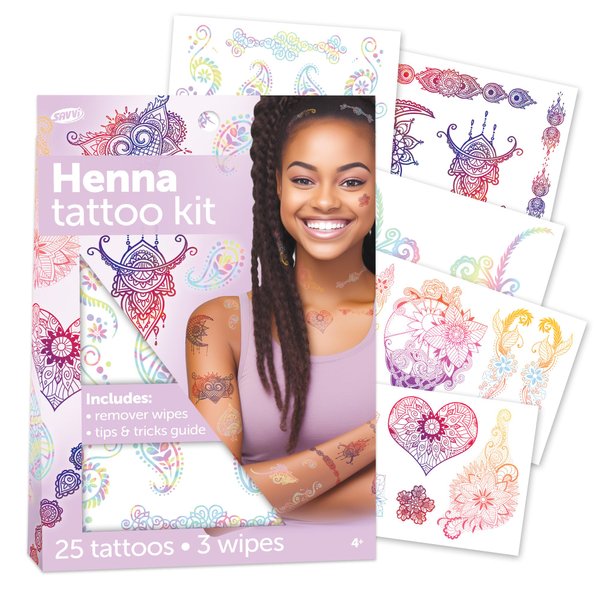 Savvi - 25 Henna Temporary Tattoos: Skin-Safe Ink, Box Set Includes Tattoo Remover Wipes, Great for Parties or Everyday Wear, Gifts for Boys and Girls Ages 4-12+ [5 sheets, 25 count]