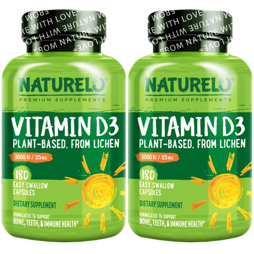 NATURELO Vitamin D - 5000 IU - Plant Based from Lichen - Natural D3 Supplement for Immune System, Bone Support, Joint Health - Vegan - Non-GMO - 180 Mini Capsules (Pack of 2)