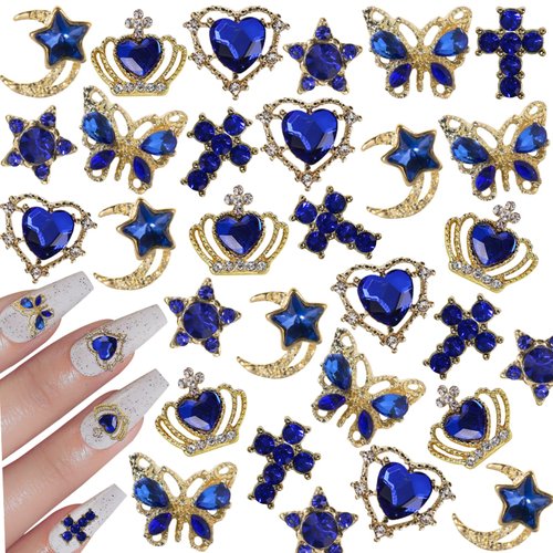 editTime Metal Alloy Nail Charms Rhinestones Kit 3D Gold Silver Stars Butterfly Heart Rose Flower Nail Gems Shiny Crystal Rhinestones Diamonds Jewelry (blue-30)