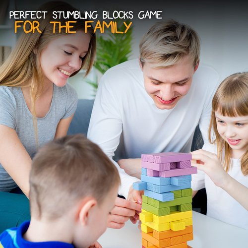 Pidoko Kids Wooden Stacking Building Blocks (49 Pcs) - Colorful Tumbling Blocks Board Games for Family Game Night - Montessori Toys Gifts, includes Storage Bag