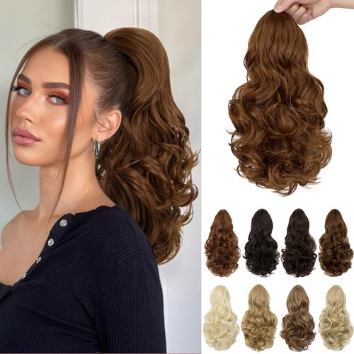 Leterly Ponytail Extension,15" Drawstring Ponytail Hair Extensions Short Wavy Pony Tail Natural Curly Soft Synthetic Hairpiece for Women Light Auburn