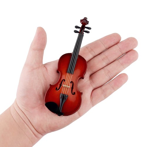 Dselvgvu Wooden Miniature Violin with Stand,Bow and Case Mini Musical Instrument Miniature Dollhouse Model Ornament Home Decoration (5.63"x2.05"x0.75")